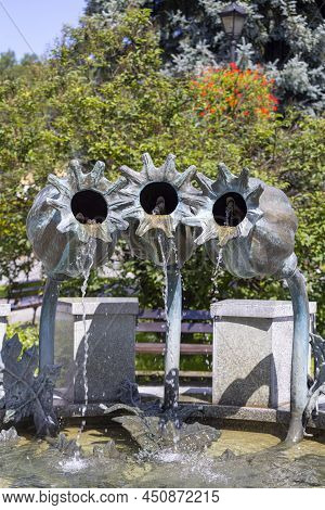 Makow Podhalanski, Poland - August 7, 2021: Fountain In The Form Of Poppy Heads On The Town Square