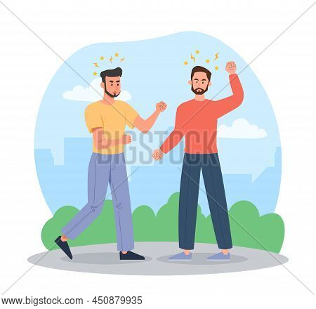 Men Fight On Street. Aggressive Characters, Guy Punches Another In Face. Conflict And Discontent. Un