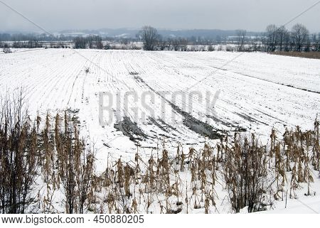 Winter Panorama Of The Jadar River Valley In Western Serbia Near The Town Of Loznica.