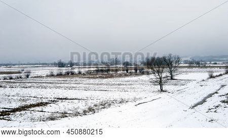 Winter Panorama Of The Jadar River Valley In Western Serbia Near The Town Of Loznica.