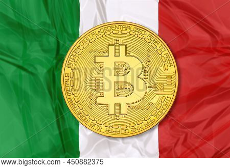 Bitcoin Symbol On Italian Flag 3d Background. Crypto-currency Background For Virtual Money And Store