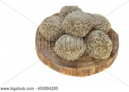 Mochi Cakes.coconut Mochi Isolated On White Background. Japanese Dessert With Coconut
