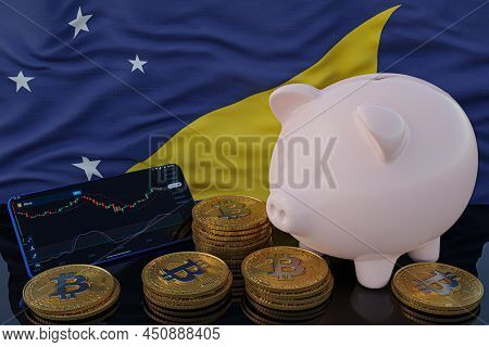 Bitcoin And Cryptocurrency Investing. Tokelau Flag In Background. Piggy Bank, The Of Saving Concept.