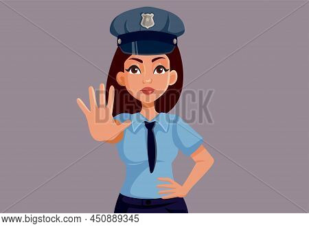 Policewoman Making Stop Hand Gesture Vector Cartoon Illustration