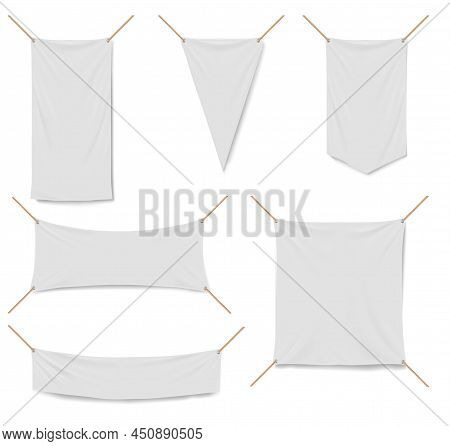 Vinyl Banners 3d Vector Mockup, White Fabric Awnings Stretched On Flex. Blank Canvas Of Square, Tria