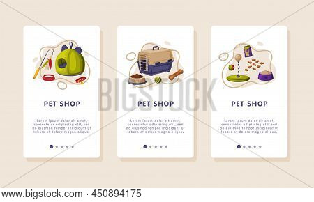 Pet Shop Onboarding Mobile App Page. Care Supplies And Accessories Cartoon Vector Illustration