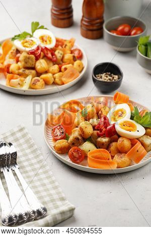 Sweet Potato Gnocchi With Teriyaki Tofu With Indonesian Vegetable Salad Gado Gado - Carrots, Cucumbe