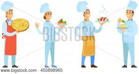People Preparing Dish, Meal. Chefs Work With Kitchen Equipment To Prepare Food. Male Characters Fry 