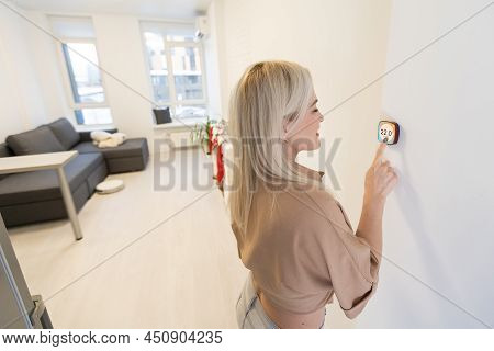 Thermostat Smart Home Domotic Control Panel On Wall For Winter House Temperature Banner Panoramic. E