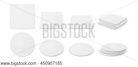 White Paper Coasters For Beer Mug In Top And Side View. Square And Round Shapes Beermat Stack. Bierd