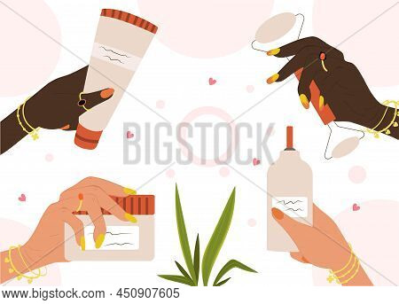 Beauty Hands Holding Different Cosmetic Product. Women With Moisturizer, Mesoroller, Lotion And Seru