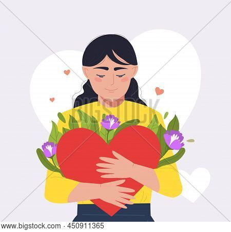 Love For Yourself. Young Girl Hugs Heart And Flowers. Positive Psychology And Optimism, Mental Healt