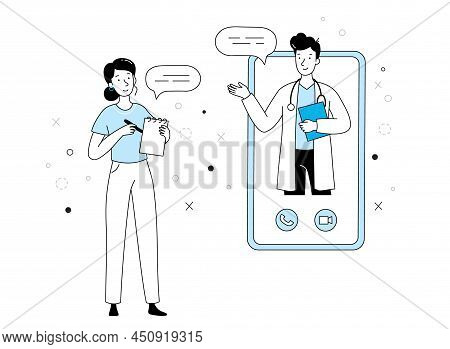 Doctor And Patient Online Mobile Health Chat Illustration. Young Doctor Outline Doodle Style. Phone 