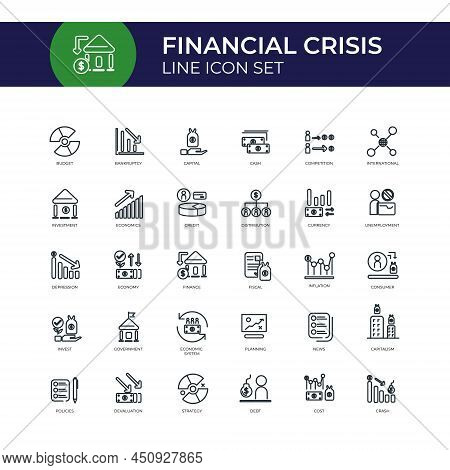 Financial Crisis Line Icon Set. Risk. Finance Concept. Bankrupt Business Icons Set. Can Be Used For 