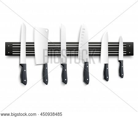 Variety Of Kitchen Knives With Black Handle On Magnetic Strip On White Background 3d Vector Illustra