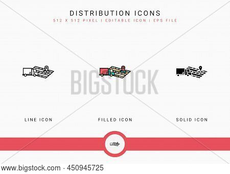 Distribution Icons Set Vector Illustration With Solid Icon Line Style. Logistic Delivery Concept. Ed