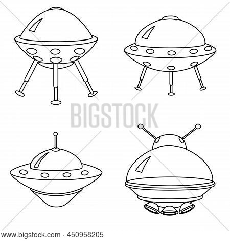 Ufo Icon Set, Spacecraft Of Alien. Vector Outline Style
