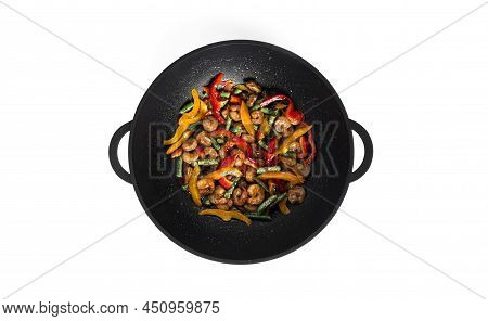 Fried Vegetables With Seafood. A Mix Of Seafood And Vegetables For Wok Noodles Isolated On A White B
