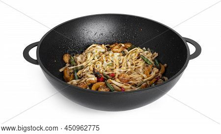 Wok Noodles With Seafood Isolated On A White Background. Pasta With Shrimp And Mussels.