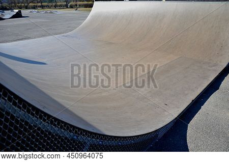 Metal Construction Ramp For Skateboarding, Serves As A Platform For Riding With An Inline Scooter Or
