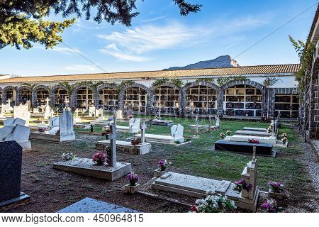 Detail On The Christian Graveyard With Marble Tombs And Crosses In Jaca, Spain. Cementerio Municipal