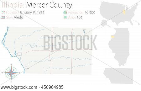 Large And Detailed Map Of Mercer County In Illinois, Usa.