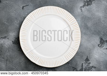 Empty Ceramic Plate Set With Copy Space For Text Or Food With Copy Space For Text Or Food, Top View 