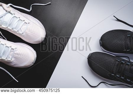 Flat Lay Sport With Sport Shoes On White And Blackbackground. Concept Healthy Lifestyle, Sport And D