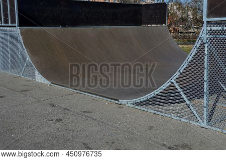 Metal Construction Ramp For Skateboarding, Serves As A Platform For Riding With An Inline Scooter Or