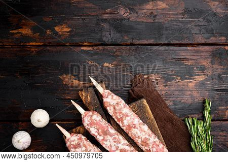 Raw Lula Kebab, Lyulya-kebab Minced Meat, Shish Kebab Ready To Cook  Set, On Old Dark  Wooden Table 