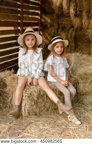 Smiling Little Girls Posing In Hayloft During Summer Vacation In Village