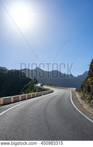 Driving On Narrow Road In Anaga National Park Near Tanagana Village, North Of Tenerife, Canary Islan