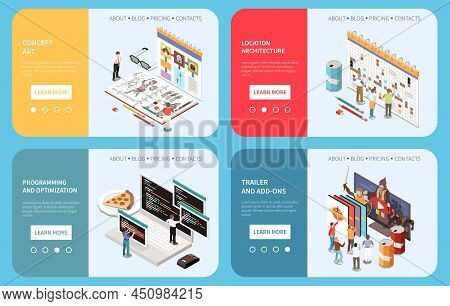 Game Development Isometric Banners Set With Location Architecture Symbols Isolated Vector Illustrati