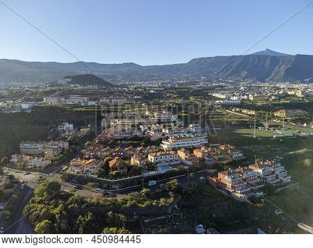 Aerial View On Colorful Houses And Top Of Mount Teide In Puerto De La Cruz, Tenerife, Canary Islands