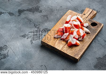 Crab Sticks Seafood Semi Finished Fish Mince With Blue Swimming Crab Set, On Wooden Cutting Board, O