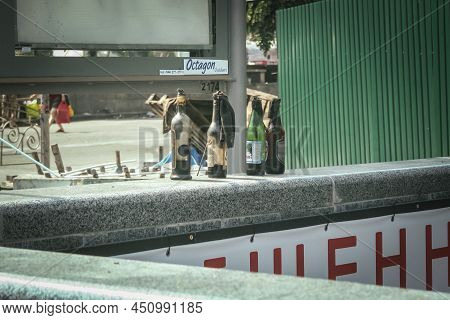 Kyiv, Ukraine - August 8, 2014: Selective Blur On Molotov Cocktails Made Of Old Beer Bottles On Disp
