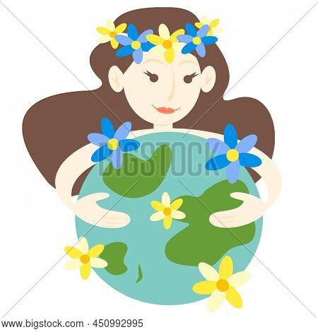 World Peace. The Brunette Girl Hugs The Earth.