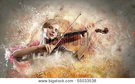 Image of gorgeous woman playing violin against colorful background
