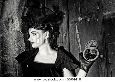 Lovely Woman Retro Widow Portrait Black And White
