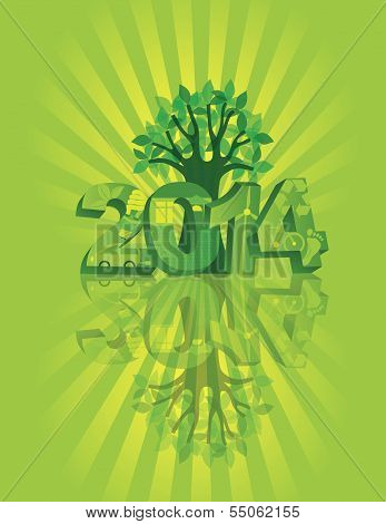 2014 Go Green With Symbols And Tree Sunray Background