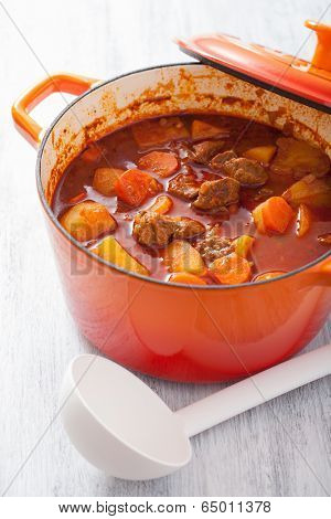 beef stew with potato and carrot in red casserole