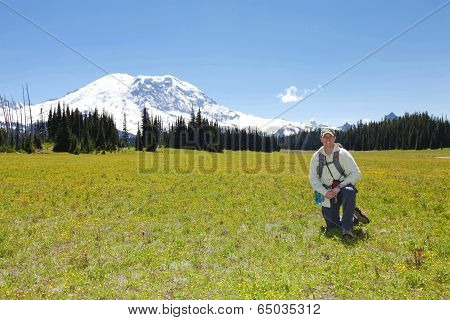Happy Man On The Hiking Trail. Mt Rainer, Washington