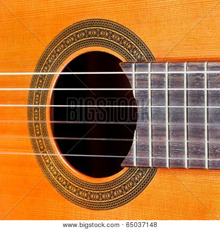 Fretboard And Sound Hole Of Acoustic Guitar