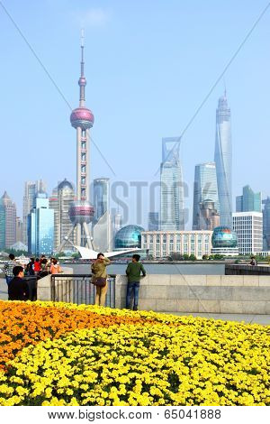 SHANGHAI, CHINA - APRIL 14, 2014: View of Pudong New Area from the Bund waterfront