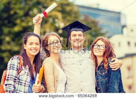 education, campus and teenage concept - group of students or teenagers with files, folders, eyeglasses and diploma