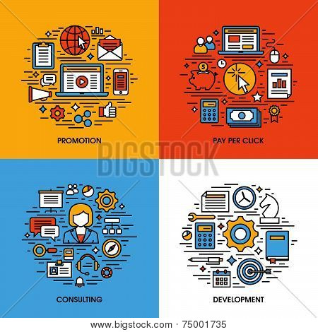 Flat Line Icons Set Of Promotion, Pay Per Click, Consulting, Development. Creative Design Elements F