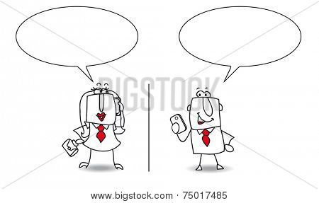 Phone call. A businessman and a business woman is phoning