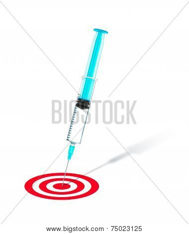 Concept Of Successful Treatment. Syringe Into The Center Of A Red Target On An Isolated White Backgr