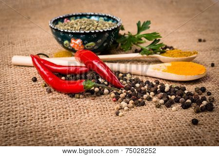 Fresh and dried hot chili peppers witn herbs, spices