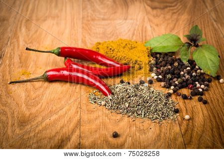 Fresh and dried hot chili peppers witn herbs, spices